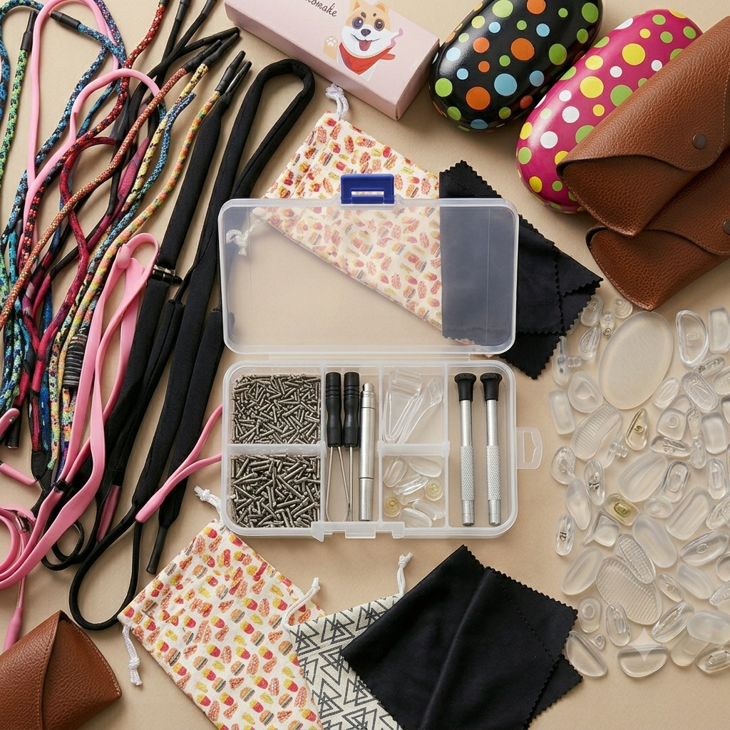 Sunglasses Accessories straps, cases, bags, repair kits and screw drivers and nose pads